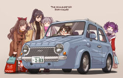  5girls =_= bag black_boots black_hair black_shoes black_sweater blue_eyes boots brown_boots brown_coat brown_hair car closed_eyes closed_mouth coat commentary_request copyright_name duffel_bag fur-trimmed_boots fur_collar fur_trim glasses grey_background grey_hair hand_up holding holding_bag idolmaster idolmaster_shiny_colors jacket jewelry l'antica_(idolmaster) leaning_forward license_plate looking_at_another mitsumine_yuika motor_vehicle multiple_girls necklace nissan nissan_pao open_clothes open_coat open_jacket open_mouth pink_scarf ponytail purple_hair red-framed_eyewear red_jacket ribbed_sweater satomura_kyou scarf semi-rimless_eyewear shirase_sakuya shoes shopping_bag short_hair simple_background smile standing sweater tanaka_mamimi tsukioka_kogane turtleneck turtleneck_sweater twintails violet_eyes yukoku_kiriko 