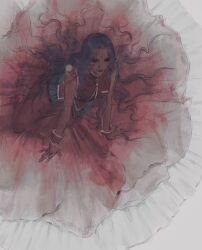  1girl aiguillette bindi dark-skinned_female dark_skin from_above hashtag-only_commentary highres himemiya_anthy long_hair on_ground purple_hair shirt shoujo_kakumei_utena sitting skirt sleeveless solo sourgrapecandy wrist_cuffs 