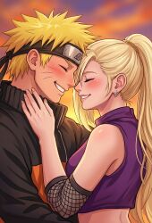  1boy 1girl absurdres blonde_hair blush commentary couple english_commentary flak_jacket forehead_protector happy highres jacket konohagakure_symbol naruto_(series) naruto_shippuuden orange_jacket shirt smile spiky_hair striped_clothes striped_shirt sunset user_negu3348 uzumaki_naruto yamanaka_ino 
