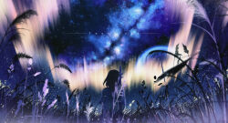  1girl absurdres artist_name aurora black_hair commentary dated english_commentary facing_away field from_behind grass highres milky_way moon night original school_uniform shirt short_hair short_sleeves sky solo star_(sky) starry_sky teardrops_(user_vgvd7733) white_shirt 