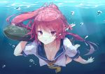  1girl blush breasts cleavage i-168_(kantai_collection) kantai_collection long_hair looking_at_viewer one-piece_swimsuit personification ponytail red_eyes redhead school_swimsuit school_uniform serafuku solo swimming swimsuit swimsuit_under_clothes torpedo underwater yuui_hutabakirage 
