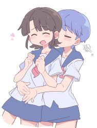  2girls amakazari_eri blue_hair blue_sailor_collar blue_skirt brown_hair city_(arawi_keiichi) closed_eyes closed_mouth commentary heart highres hug hug_from_behind makabe_matsuri multiple_girls neckerchief pink_neckerchief sailor_collar school_uniform serafuku shirt short_hair simple_background skirt white_background white_shirt wichimi yuri 