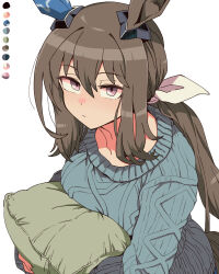  1girl admire_vega_(casual)_(umamusume) admire_vega_(umamusume) animal_ears blue_sweater brown_hair closed_mouth commentary ear_covers hair_between_eyes hair_ribbon horse_ears horse_girl horse_tail long_hair looking_at_viewer pillow ponytail ribbon single_ear_cover solo sweater symbol-only_commentary tail toriga_naku umamusume white_background white_ribbon 