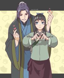  1boy 1girl beads black_hair blue_eyes blue_ribbon blue_robe blunt_bangs border bun_cover cat chinese_clothes commentary_request cowboy_shot dated frown green_shirt grey_border grin hair_beads hair_bun hair_ornament hair_ribbon half_updo heart heart_hands highres jinshi_(kusuriya_no_hitorigoto) kusuriya_no_hitorigoto maomao_(kusuriya_no_hitorigoto) parted_bangs paw_print paw_print_background pink_eyes purple_hair red_skirt ribbon robe shirt skirt smile takehide teeth yellow_background 