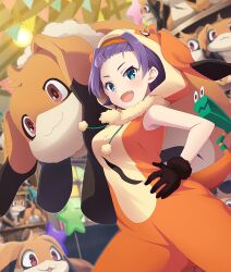  1girl :3 :d bangs_pinned_back bare_arms bare_shoulders black_gloves blue_eyes bodysuit breasts carrying character_costume cosplay cowboy_shot dot_nose dutch_angle fang forehead game_cg gloves hairband hand_on_own_hip hands_on_own_hips hanging_light indoors looking_at_viewer maruyama_akane_(toji_no_miko) medium_breasts nene_(toji_no_miko) nene_(toji_no_miko)_(cosplay) official_art open_mouth orange_bodysuit orange_hairband purple_hair red_eyes shelf short_hair sleeveless sleeveless_bodysuit smile solo star_balloon string_of_flags stuffed_toy third-party_source toji_no_miko toji_no_miko:_kizamishi_issen_no_tomoshibi too_many_dolls window 