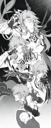  1boy absurdres age_progression arm_tattoo armlet black_coat black_tank_top chest_tattoo chinese_commentary clawed_gauntlets coat commentary_request earrings facial_tattoo greyscale highres honkai:_star_rail honkai_(series) jewelry long_hair male_focus monochrome multiple_views mydei_(a_trail_of_bygone_blood)_(honkai:_star_rail) mydei_(honkai:_star_rail) necklace open_clothes open_coat shirt tank_top tattoo torn_clothes torn_shirt wuming63716 