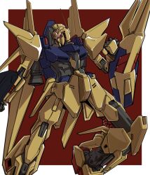  arm_shield armor beam_rifle blue_armor cable delta_gundam energy_gun full_body gold_armor gun gundam gundam_msv highres holding holding_gun holding_weapon kampen1184 mecha mecha_focus mobile_suit robot thrusters two-tone_armor v-fin violet_eyes weapon 