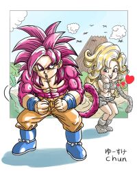  1boy 1girl abs ayla_(chrono_trigger) blonde_hair blue_boots blush boots chrono_trigger clouds commentary_request creator_connection crop_top crossover dragon_ball dragon_ball_daima flexing flower fur_scarf fur_skirt grey_eyes heart highres long_hair midriff monkey_tail muscular muscular_male navel open_mouth orange_pants pants red_eyes red_flower red_hair road signature son_goku super_saiyan super_saiyan_4 tail topless_male volcano yusuke_chun 