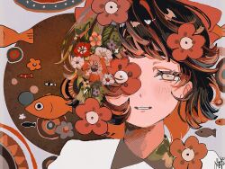  1girl black_hair blush collared_shirt fish flower hair_flower hair_ornament highres looking_at_viewer original parted_lips portrait red_flower shirt short_hair signature solo wasabi_natsume white_shirt yellow_eyes 