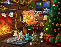  ^_^ artist_name azurill bag bespectacled blissey book bow box candle candlestand chair character_ornament christmas christmas_lights christmas_ornaments christmas_present christmas_stocking christmas_tree christmas_wreath cleffa closed_eyes closed_mouth clothed_pokemon commentary cookie cryogonal cup delibird ditto egg english_commentary fire fireplace firewood food gift gift_box gingerbread_cookie gingerbread_man glass glasses holding holding_bag holding_book holding_cookie holding_food holding_pokemon igglybuff indoors kangaskhan lamp litwick looking_inside menorah milk mug nativity night no_humans numel on_chair open_book open_mouth photo_(object) picture_frame pineco plate poke_ball poke_ball_(basic) poke_ball_theme pokemon pokemon_(creature) pokemon_focus purple_fire rattata red_bow rocking_chair rug sack signature sitting slowking smile snom snorlax snow star_(sky) staryu table tapu_koko thecalendork themed_object togepi transformed_ditto unown unown_j unown_o unown_y unownglyphics voltorb watermark whipped_cream window wooloo wreath wynaut 