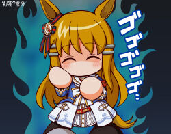  1girl animal_ears blue_aura blue_jacket brown_hair brown_shoes closed_eyes cosplay crossover ear_ribbon grass_wonder_(stone-piercing_blue)_(umamusume) grass_wonder_(umamusume) grass_wonder_(umamusume)_(cosplay) grey_shoes hair_ornament hairclip highres horse_ears jacket jikkyou_powerful_pro_yakyuu jikkyou_powerful_pro_yakyuu_(style) long_hair multicolored_shoes no_humans oozora_miyoko rayman_limbs sailor_collar shaded_face shiroi_tansu shoes smile solo sound_effects translation_request two-tone_shoes umamusume white_sailor_collar 