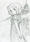  1girl alternate_hairstyle arms_behind_back braid casual church closed_umbrella flower graphite_(medium) looking_back mahou_shoujo_madoka_magica miki_sayaka monochrome short_hair smile solo takeshisu traditional_media umbrella vertical_stripes 