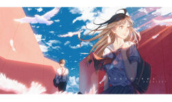  1boy 1girl absurdres arms_at_sides artist_name bag bird black_bag black_hair black_pants blue_necktie blue_sailor_collar blue_skirt blue_sky brown_eyes brown_hair closed_mouth clouds collarbone commentary dated day english_commentary falling_feathers feathers flock hand_up hands_in_pockets highres holding_strap letterboxed long_hair long_sleeves looking_to_the_side neckerchief necktie original outdoors pants pleated_skirt red_neckerchief sailor_collar school_uniform serafuku shirt shirt_tucked_in short_hair short_sleeves shoulder_bag skirt sky standing sunlight teardrops_(user_vgvd7733) turning_head walking white_feathers white_shirt 