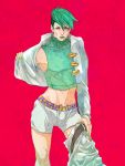  1boy boxers earrings fabulous green_eyes green_hair headband highres izumi_kazuhira jewelry jojo_no_kimyou_na_bouken kishibe_rohan lipstick makeup nail_polish solo underwear undressing 