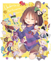  alphys arthropod_girl asgore_dreemurr asriel_dreemurr bone brown_hair chara_(undertale) character_request colored_skin commentary_request english_text flower flowey_(undertale) frisk_(undertale) furry furry_female furry_male gasterblaster heart knife long_sleeves monster_kid_(undertale) muffet open_mouth papyrus_(undertale) sans_(undertale) shizumu_(4_zu6) skeleton spider_girl star_(symbol) temmie toriel undertale undyne utdr_(toby_fox) w.d._gaster 