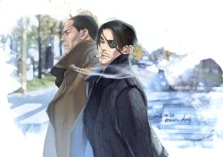  2boys alternate_costume black_hair buzz_cut cigarette coat commentary_request curtained_hair eyepatch facial_hair goatee highres majima_goro male_focus multiple_boys nicacu ryuu_ga_gotoku_(series) ryuu_ga_gotoku_5 saejima_taiga shaved_head short_hair smoke smoke_trail smoking snake_print soul_patch undercut very_short_hair winter_clothes winter_coat 