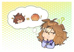  ! 2girls =_= ? ?? agnes_tachyon_(umamusume) ahoge animal_ears bow bowtie braid brown_hair chemical_structure closed_eyes commentary equal_sign hair_between_eyes hair_ornament hairclip half_up_braid half_up_half_down_braid highres horse_ears horse_girl jewelry jungle_pocket_(umamusume) long_sleeves medium_hair multiple_girls murabt075 notched_ear purple_sailor_collar purple_shirt red_eyes sailor_collar sailor_shirt school_uniform shirt speech_bubble thought_bubble tracen_school_uniform umamusume white_bow white_bowtie 