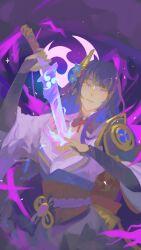  1girl absurdres arm_up artist_name back_bow blunt_bangs bow braid bridal_gauntlets commentary drawing_sword electricity electro_symbol_(genshin_impact) english_commentary genshin_impact glowing glowing_sword glowing_weapon head_tilt highres holding holding_sword holding_weapon human_scabbard hwazelnut japanese_clothes katana kimono long_braid mitsudomoe_(shape) mole mole_under_eye musou_isshin_(genshin_impact) neck_ribbon parted_lips purple_background purple_hair purple_kimono raiden_shogun red_ribbon red_sash ribbon sash single_braid solo sword tomoe_(symbol) upper_body violet_eyes weapon 