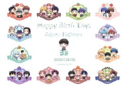  6+boys :3 ahoge asta_(black_clover) beanie black_clover black_hair blonde_hair blue_eyes blue_flower blue_hair bow brown_hair caim_camui character_request clapperboard closed_eyes closed_mouth commentary_request copyright_request drink en'en_no_shouboutai flower food fruit green_eyes green_hair grey_eyes grey_hair hand_fan happy_birthday hat hat_bow headband heart heterochromia highres itan_private_high_school_uniform jack-o'-lantern japanese_clothes kajiwara_gakuto kimono komi-san_wa_komyushou_desu leaf mairimashita!_iruma-kun mistletoe monocle multicolored_hair multiple_boys necktie obi one_eye_closed open_mouth orias_oswell pointy_ears purple_flower red_bow red_hair ryuugasaki_hiiro san1go sash school_uniform shadowverse shinra_kusakabe shirt smile strawberry striped_clothes striped_shirt sunflower tadano_hitohito two-tone_hair voice_actor voice_actor_connection white_background 