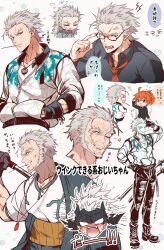  0nodera ahoge anger_vein beard blue_eyes chinstrap_beard closed_eyes commentary_request facial_hair fate/grand_order fate_(series) forehead_protector forked_eyebrows fujimaru_ritsuka_(female) furrowed_brow glasses grey_hair highres holding holding_sword holding_weapon male_focus mature_male mouth_hold multiple_views nagakura_shinpachi_(fate) nagakura_shinpachi_(first_ascension)_(fate) necktie one_eye_closed open_mouth orange_hair ponytail red_necktie salute scar scar_on_face short_hair stalk_in_mouth sword translation_request weapon white_background 