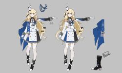  1girl absurdres adapted_costume black_boots blonde_hair blue_sash boots closed_mouth commentary_request dress epaulettes gloves grey_background hat highres ishida_tatsuki long_hair looking_at_viewer multiple_views official_alternate_costume outstretched_arm pantyhose phoebe_(wuthering_waves) reference_sheet sash simple_background smile tacet_mark_(wuthering_waves) violet_eyes white_dress white_gloves white_hat wuthering_waves 