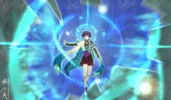  1boy absurdres anemo_symbol_(genshin_impact) arm_at_side armor belt black_belt black_bodysuit black_bow black_bridal_gauntlets black_hair black_sandals black_shorts blue_background blue_cape blue_gem blue_halo blue_kimono blue_sleeves blunt_ends bodysuit bow breaking bridal_gauntlets bright_pupils cape chinese_text commentary_request covered_collarbone eyeliner feathers floating full_body furisode gem genshin_impact glowing_markings gold hakama hakama_shorts halo halo_behind_head hand_up highres hole japanese_armor japanese_clothes juban kimono kote kurokote layered_sleeves leg_warmers levitation looking_at_viewer makeup male_focus mandala mandarin_collar open_clothes open_hands open_kimono outstretched_arm pleated_shorts pom_pom_(clothes) purple_rope purple_sash red_eyeliner rope sandals sash scaramouche_(genshin_impact) shixinfeng short_sleeves shorts shoulder_peek signature solo straight-on tassel toeless_legwear toes translation_request tsurime variant_set violet_eyes vision_(genshin_impact) wanderer_(genshin_impact) white_kimono white_leg_warmers white_pupils white_sleeves white_trim wind wispy_bangs yellow_feathers zouri 
