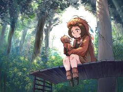 1girl animal black_hair boots brown_dress brown_eyes brown_hair commentary_request dress forest gloves hair_ornament highres kemono_friends long_hair mcgunngu monkey_girl multicolored_hair nature neck_ribbon orangutan orangutan_(kemono_friends) outdoors ribbon sitting tree two-tone_hair