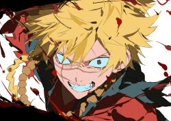  1boy 333takoyaki absurdres aza_choubei bead_necklace beads black_eyes blonde_hair blood braid clenched_teeth commentary_request highres japanese_clothes jewelry jigokuraku looking_at_viewer male_focus necklace one-eyed open_mouth scar scar_across_eye scar_on_face short_hair simple_background single_braid solo teeth upper_body v-shaped_eyebrows white_background 