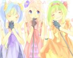  3girls blue_eyes blue_hair blush closed_eyes dress gloves green_hair gumi hatsune_miku ia_(vocaloid) lingmuzi long_hair microphone microphone_stand multiple_girls musical_note smile twintails vocaloid white_background 