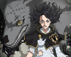  1girl absurdres animal black_bulls_(emblem) black_capelet black_clover black_clover_m:_rise_of_the_wizard_king black_hair breasts brown_eyes capelet charmy_pappitson drooling green_eyes grey_fur highres long_hair looking_at_viewer non-web_source official_art open_mouth oversized_animal sharp_teeth shirt solo teeth torn_clothes torn_shirt upper_body upper_teeth_only white_shirt wolf 