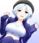  1girl blue_eyes blue_hair breasts character_request gradient gradient_background hat large_breasts open_clothes open_jacket open_mouth rip-off_(manga) short_hair solo watarui 