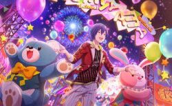 1boy :d aerial_fireworks balloon black_shirt blue_eyes blue_hair blue_nails bracelet colorful_palette fingernails fireworks game_cg hair_between_eyes highres jacket jewelry kaito kaito_(vocaloid) kamikou_festival!_(project_sekai) male_focus market_stall nail_polish official_alternate_costume official_art open_clothes open_jacket open_mouth pants project_sekai red_jacket shirt smile solo star_(symbol) striped_clothes striped_pants third-party_source vocaloid white_pants wonderlands_x_showtime_kaito