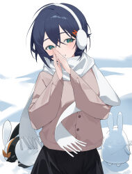  1girl absurdres alternate_costume bangboo_(zenless_zone_zero) belle_(zenless_zone_zero) black_skirt blue_hair blush character_snowman commentary_request crossed_bangs green_eyes hair_between_eyes hair_ornament headphones highres jacket letter_hair_ornament looking_at_viewer okappa_(bobbed001) own_hands_together parted_lips scarf short_hair simple_background skirt smile snow snowman white_background white_scarf zenless_zone_zero 