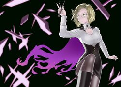  1girl blonde_hair breasts cape cleavage glasses glynda_goodwitch hanta rwby short_hair solo tsurime wand yellow_eyes 