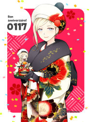  2girls black_gloves blonde_hair commentary_request fairy_(kancolle) floral_print french_text fur-trimmed_kimono fur_trim gloves happy_birthday hat highres japanese_clothes kantai_collection kimono multiple_girls official_alternate_costume official_alternate_hairstyle richelieu_(kancolle) richelieu_(new_year)_(kancolle) short_hair teramoto_kaoru violet_eyes white_hat 