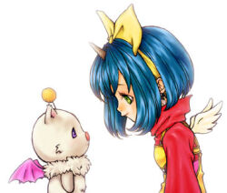  1girl bad_id blue_hair bow closed_mouth commentary_request creature eiko_carol final_fantasy final_fantasy_ix from_side green_eyes hair_bow horns lowres mini_wings mog moogle overalls saikachi_(ogre_tree) short_hair simple_background single_horn smile white_background white_wings wings yellow_bow yellow_overalls 