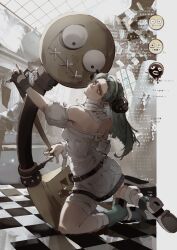  1girl a.b.a bandaged_leg bandages belt black_belt black_gloves boots ceiling checkered_floor commentary crop_top english_commentary english_text fingerless_gloves full_body gloves green_boots green_eyes green_hair guilty_gear guilty_gear_strive hairband highres holding_strap indoors johndoormap key key_in_head long_hair looking_at_viewer looking_back lyrics midriff_sarashi multiple_expressions object_through_head on_one_knee oversized_object paracelsus_(guilty_gear) sarashi shirt shorts single_fingerless_glove stitched_mouth stitches tile_ceiling tiles white_hairband white_shirt white_shorts 