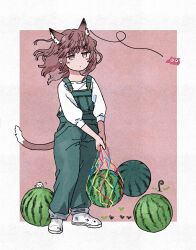  1girl animal_ear_fluff animal_ears border brown_background brown_eyes brown_hair cat_ears cat_girl cat_tail commentary food fruit full_body highres holding holding_food holding_fruit holding_watermelon jitome medium_hair moko-oxygen original outside_border overalls shirt shoes simple_background sneakers solo standing symbol-only_commentary tail watermelon white_border white_shirt white_shoes 