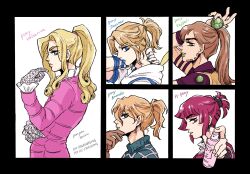  1girl 4boys alternate_hairstyle arm_up blonde_hair blue_eyes blue_lips character_name commentary_request cream_starter_(stand) diego_brando facial_hair frilled_sleeves frills from_side funny_valentine gloves green_lips grin gyro_zeppeli hair_ornament hair_up hairclip hand_on_own_chin hand_on_own_neck highres holding hood hood_down hot_pants_(sbr) johnny_joestar jojo_no_kimyou_na_bouken long_hair multiple_boys pink_eyes pink_hair ponpon_emiri ponytail profile smile stand_(jojo) steel_ball_(jojo) steel_ball_run 