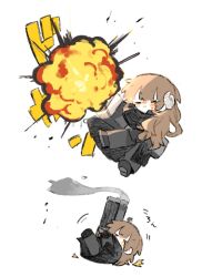  1other 4th_match_flame_(e.g.o) asaginoshibu black_coat black_pants black_shoes brown_hair coat commentary_request e.g.o_(project_moon) employee_(project_moon) explosion highres horns lobotomy_corporation long_hair nugget_(project_moon) pants project_moon sheep_horns shoes simple_background white_background 