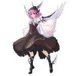  1girl animal_ears ankle_wings bird_wings boots ear_piercing earrings hat highres jewelry long_sleeves m134 mystia_lorelei piercing pink_hair red_eyes simple_background skirt skirt_set smile solo touhou vest white_background wide_sleeves 