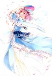  1girl absurdres dress fan faux_traditional_media hat highres petals pink_eyes pink_hair planet1412 saigyouji_yuyuko short_hair solo touhou white_background wide_sleeves 