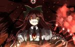  1girl arm_cannon bow clenched_teeth dual_wielding energy_ball facial_mark glowing glowing_eyes glowing_weapon hair_bow long_hair looking_at_viewer puffy_sleeves red_eyes reiuji_utsuho rikkido rough shaded_face shirt short_sleeves skirt solo sparks suspenders third_eye touhou weapon wings 