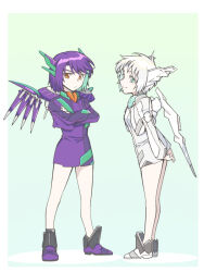  2girls alvis_uniform aqua_eyes arms_behind_back boots brown_eyes commentary_request cropped_jacket crossed_arms dress full_body looking_at_viewer mark_nicht mark_sein mechanical_wings multiple_girls nagi_(exsit00) personification purple_dress purple_hair short_dress short_hair smile soukyuu_no_fafner white_dress white_hair wings 