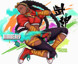  1girl arm_wrap artist_name black_hair bow_hairband brown_eyes brown_lips cable character_name clothing_cutout colored_tips commentary crop_top cropped_jacket dark-skinned_female dark_skin dated earphones earphones english_commentary fingerless_gloves flower forehead gloves graffiti hairband hershuar hip_vent jacket kimberly_jackson leg_wrap linea_alba listening_to_music long_hair looking_to_the_side lowleg lowleg_pants multicolored_hair navel pants puffy_short_sleeves puffy_sleeves quad_braids red_flower red_gloves red_jacket scarf shoes short_sleeves smartwatch sneakers solo spray_can street_fighter street_fighter_6 thighs toned toned_female twitter_username very_dark_skin walkman watch watch 