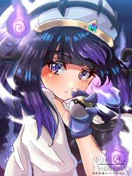  1girl black_dress black_hair blue_gloves blush closed_mouth coat commentary_request dress eyelashes fire gloves gradient_hair gwynn_(pokemon) hat highres holding holding_poke_ball looking_at_viewer mega_stone multicolored_hair nest_ball omuraisu_0817 open_clothes open_coat partially_fingerless_gloves poke_ball pokemon pokemon_legends:_z-a purple_fire purple_hair short_hair solo upper_body violet_eyes white_coat 