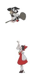  2girls apple apron arm_up ascot bad_apple!! bare_shoulders black_hat black_skirt blonde_hair bow braid broom broom_riding brown_hair detached_sleeves food frilled_apron frilled_skirt frills fruit hair_bow hair_tubes hakurei_reimu hat hat_bow highres kirisame_marisa loafers looking_at_another looking_up loose_socks mochitose_aguri multiple_girls nontraditional_miko red_bow red_shirt red_skirt ribbon-trimmed_sleeves ribbon_trim shirt shoes side_braid signature simple_background skirt socks touhou white_apron white_background white_bow white_socks wide_sleeves witch_hat witchhat yellow_ascot 