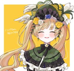  1girl :d ^_^ black_flower black_rose blonde_hair blue_flower blue_rose border capelet closed_eyes commentary_request earrings facing_viewer flower green_bonnet green_capelet hair_flower hair_ornament highres jewelry long_hair mahou_shoujo_no_majo_saiban open_mouth outside_border rose smile solo tono_hanna tori_(tori_nankotsu96) translation_request twintails upper_body white_border yellow_background yellow_flower yellow_rose 