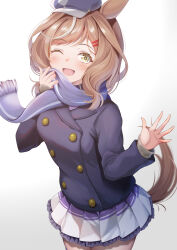  1girl absurdres animal_ears black_coat blush brown_eyes brown_hair brown_tail chokoboll coat commentary_request cowboy_shot frilled_skirt frills hand_up hat highres horse_ears horse_girl horse_tail long_sleeves looking_at_viewer matikanetannhauser_(umamusume) medium_hair multicolored_hair newsboy_cap one_eye_closed open_mouth pleated_skirt purple_scarf scarf school_uniform simple_background skirt smile solo streaked_hair tail tracen_school_uniform umamusume white_background white_hair white_skirt white_streaks 