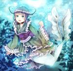  1girl blue_eyes blue_hair bubble head_fins jaku_sono japanese_clothes kimono long_sleeves mermaid monster_girl obi open_mouth short_hair smile solo touhou underwater wakasagihime wide_sleeves 